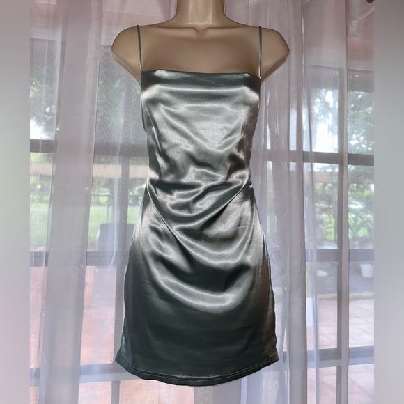 FASHION NOVA: Take Me Higher Satin Mini Dress - Sage - Picture 3 of 10